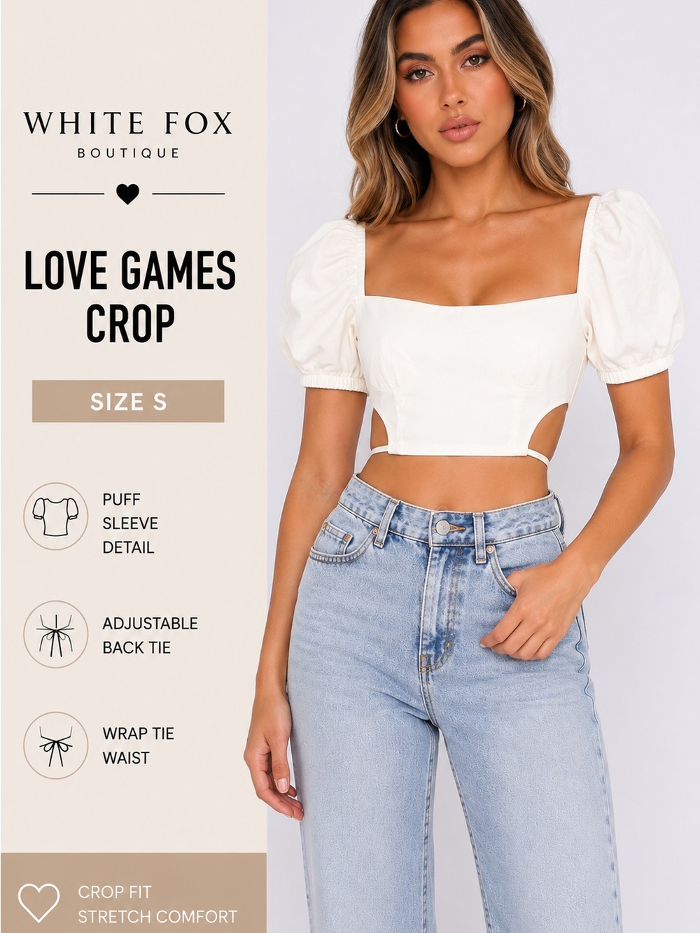 White Fox Boutique Love Games Crop Top White Puff Sleeve Size S NWT